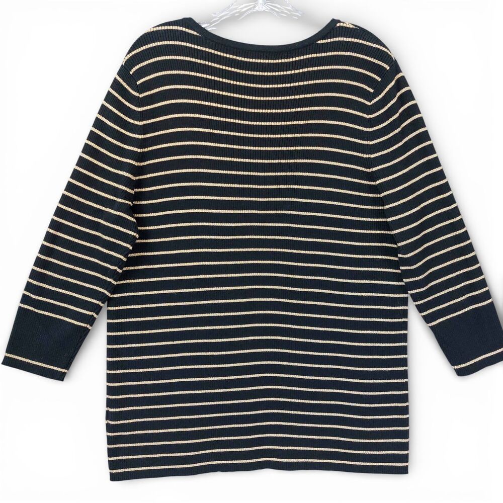 Lauren Ralph Lauren Striped Knit Top Womens 2X Black Gold Henley Metallic Ribbed - Picture 2 of 8
